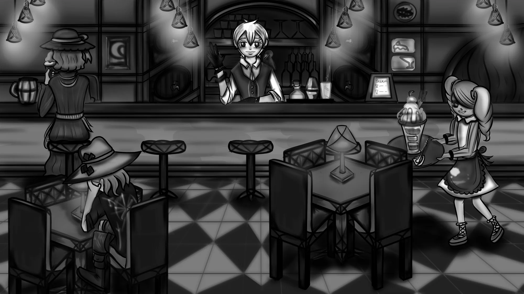A moonlit tavern: a bartender waves from behind the bar, a waitress carries a parfait, and two customers sit nearby.